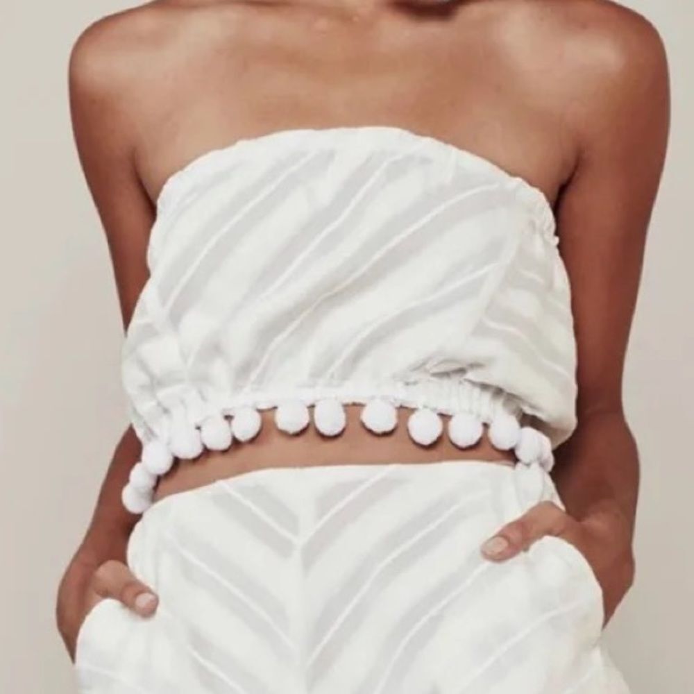 For Love & Lemons White Strapless Pom-Pom Crop Top